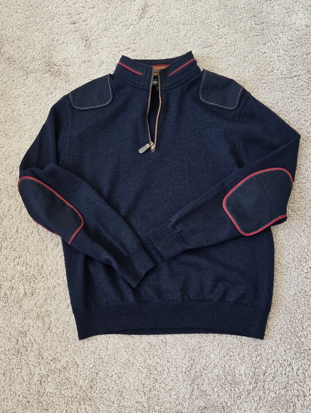 Orvis Mens Medium Navy Blue Wool 1/4‎ Zip Sweater Elbow Patch Shoulder Pullover - Picture 9 of 15